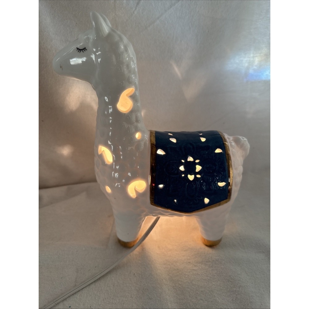 Lama Lamp Night Light Ceramic White w/Blue Saddle 9.5 x 7 x 3.5 Bedside Lamp
